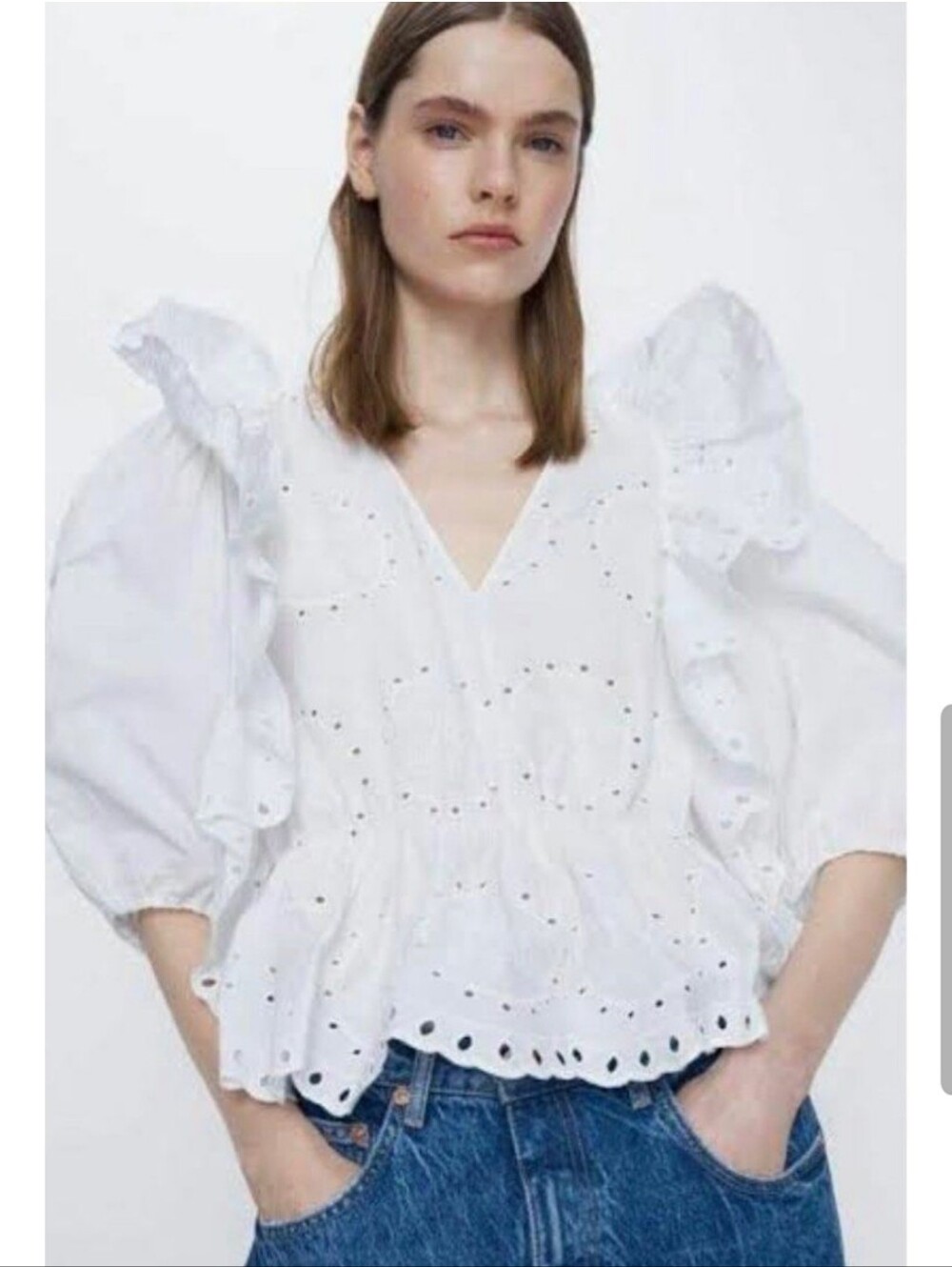 ZARA Women's White Eyelet Puffy Sleeve Ruffle Peplum Top S